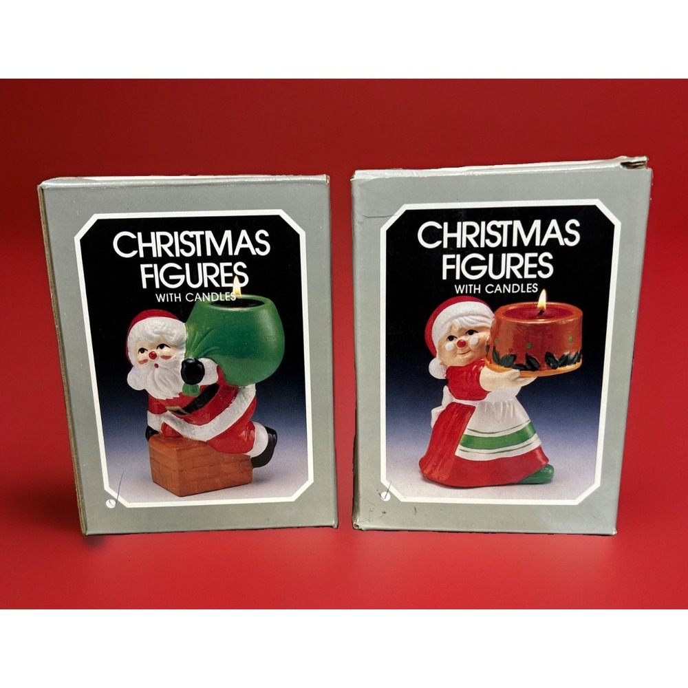 Vtg 70's Ceramic Christmas Santa Chimney Figure w/ Sack & Mrs Claus Candleholder